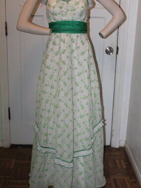 Vtg 1970s Nadine Strapless Eyelet Embroidery Overskirt Fancy Back Long Dress